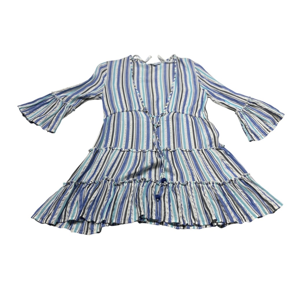 Womens Tiered Mini Dress S Blue‎ Metallic Stripe Bell Sleeve Boho Coastal Summer